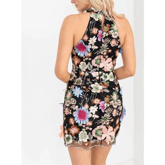 Entra Black Floral Overlay High Neck Sleeveless Dress - Picture 2 of 13